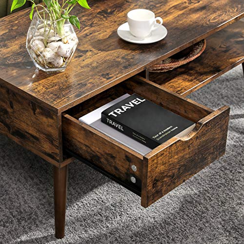 Coffee Table with Storage, Drawer, Open Compartment, Long Legs, for Living Room, Dining Room, 100 x 50 x 45 cm, Rustic Brown