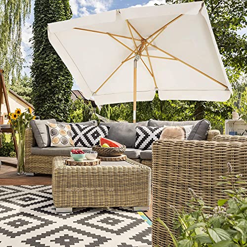 Balcony Umbrella, 3 x 2 m Rectangular Garden Parasol, Sun Protection, Wooden Pole and Ribs, Tilt Mechanism, Base Not Included, for Patio Outdoor Garden Terrace, Beige