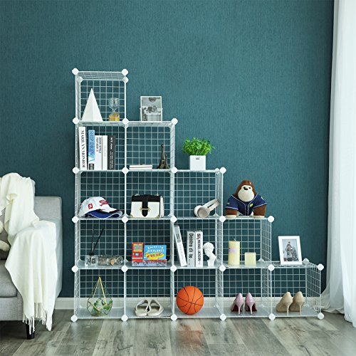 16 Cube Metal Wire Storage Organiser, DIY Closet Cabinet and Modular Shelving Grids, Wire Mesh Shelves and Rack, White