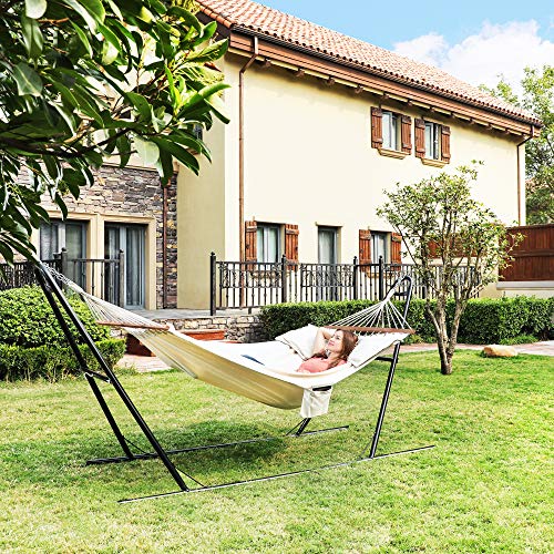 Double Hammock with 2 Pillows, Swing Bed Suitable for 2 Person, 70% Cotton, 210 x 150 cm, Load Capacity 300 kg, Beige