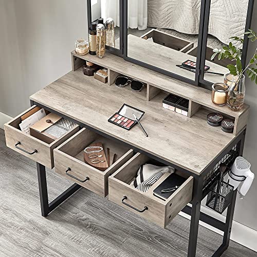 Dressing Table with Padded Stool, Triple Mirror, 3 Drawers, Hair Dryer Holder, Pot, Industrial Style, Grey and Black