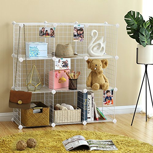 9-Cube Metal Wire Storage Rack, Interlocking Shelving Unit with Metal Wire Shelves, PP Plastic Sheets for Book Shoes Toys Clothes Tools, in Living Room, 93 x 31 x 93 cm, White