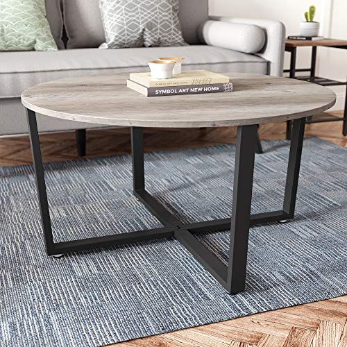 Round Coffee Table, Industrial Style Cocktail Table, Durable Metal Frame, Easy To Assemble, for Living Room, Bedroom, Greige and Black