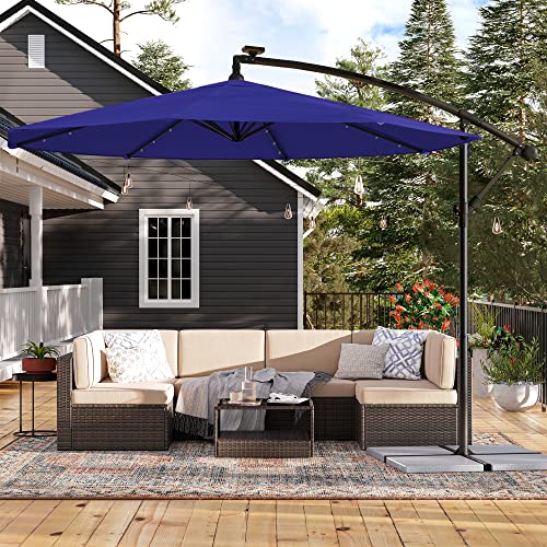 Cantilever Garden Patio Parasol with Solar-Powered LED Lights, 3 m Offset Parasol with Base, UPF 50+ Banana Hanging Umbrella, Crank for Opening Closing, Navy Blue