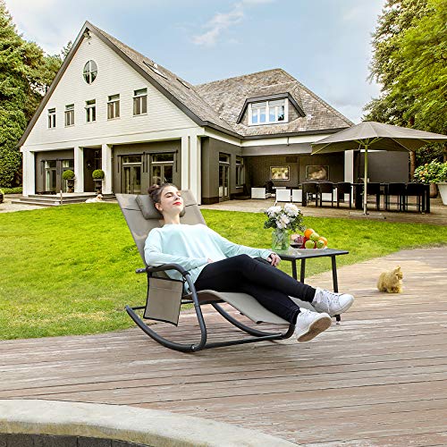 Sun Lounger, Garden Chair, Rocking Chair with Headrest and Side Pocket, Iron Structure, Breathable Synthetic, Comfortable, Max. Load Capacity 150 kg, Brown