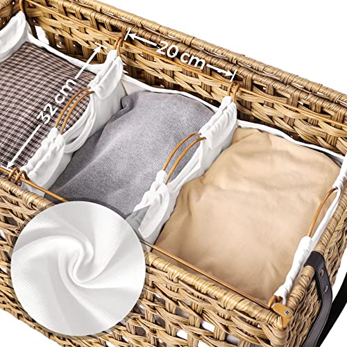 Handwoven Laundry Basket with Lid, Rattan-Style Laundry Hamper with 3 Separate Compartments, Handles, Removable Liner Bags, for Living Room, Bathroom, Laundry Room, Natural