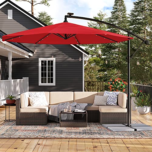 Cantilever Garden Patio Parasol with Solar-Powered LED Lights, 3 m Offset Parasol with Base, UPF 50+ Banana Hanging Umbrella, Crank for Opening Closing, Red