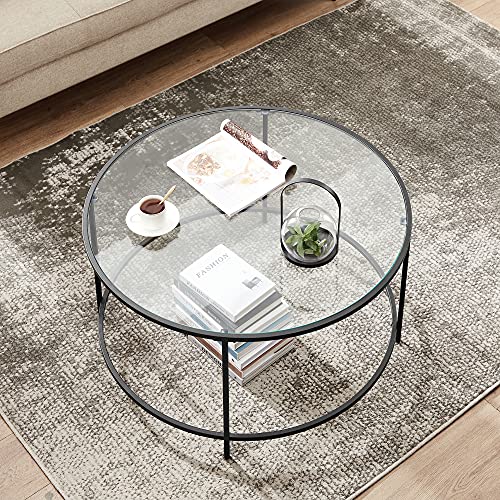 Round Coffee Table, Glass Table with Steel Frame, Living Room Table, Sofa Table, Tempered Glass, Black