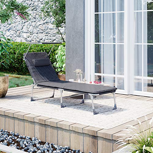 Sun Lounger, Reclining Chair, with 3 cm Thick Mattress, Headrest, Reclining Backrest, Sunshade, Foldable, 53 x 193 x 29.5 cm, Load Capacity 150 kg, for Garden, Patio, Dark Grey