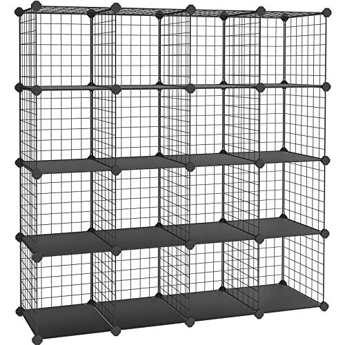 16 Cube Metal Wire Storage Organiser, DIY Closet Cabinet and Modular Shelving Grids, Wire Mesh Shelves and Rack, Black