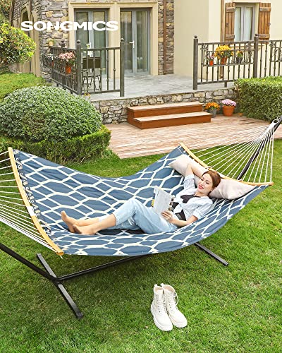 Hammock, Quilted Fabric Hammock with Detachable Curved Bamboo Spreaders, Pillow, 200 x 140 cm, Load Capacity 225 kg, Blue and Beige Rhombus