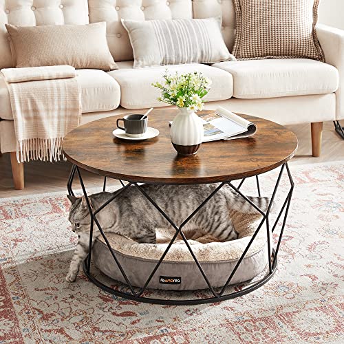 Round Coffee Table, Small Centre Table with Steel Frame, for Living Room, Bedroom, Study, Industrial Style, Rustic Brown and Black