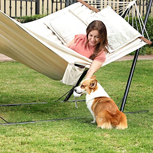 Double Hammock with 2 Pillows, Swing Bed Suitable for 2 Person, 70% Cotton, 210 x 150 cm, Load Capacity 300 kg, Beige