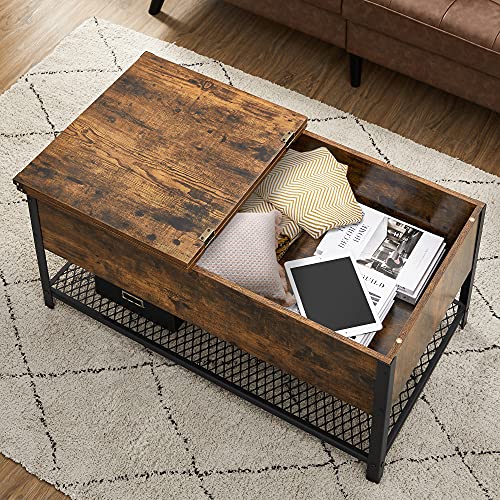 Coffee Table, Living Room Table with Flip Lid, Hidden Storage Compartment and Mesh Shelf, Steel Frame, for Living Room, Industrial, 100 x 55 x 47 cm, Rustic Brown and Black