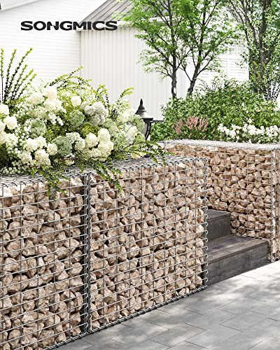 Gabion Basket, Metal Gabion Cage with 5 x 10 cm Mesh for Stones, Galvanised, Garden Decor Wall Partition, 100 x 80 x 30 cm, Silver