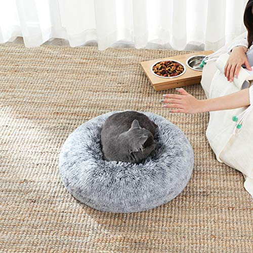 Dog Bed, Donut Cat Bed, Fluffy Calming Pet Bed with Removable, Washable Cover, Soft Long Plush, 50 cm, Grey