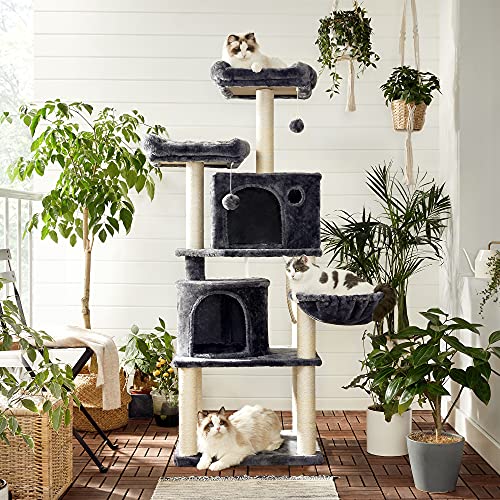 Cat Tree, Tall Cat Tower, 2 Caves, Smoky Grey