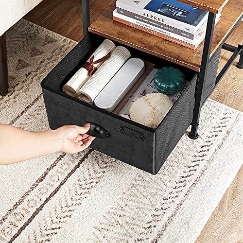 Nightstand, Bedside Table with Storage, Fabric Drawer Dresser, End Table with 2 Shelves, Industrial Style, for Living Room, Bedroom, Rustic Brown and Black