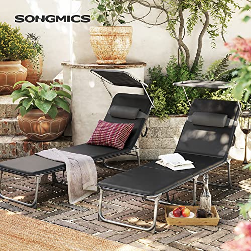 Sun Lounger with 3 cm Thick Cushion, Headrest, Sun Canopy, Adjustable Backrest, Foldable, 53 x 193 x 29.5 cm, Maximum Load 150 kg, Garden, Balcony, Black