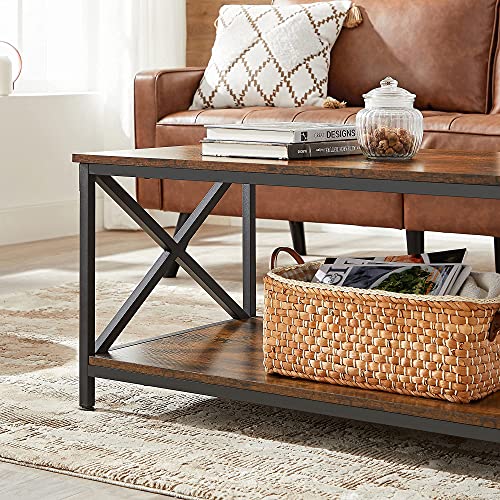 Coffee Table, Cocktail Table with X-Shape Steel Frame and Storage Shelf, 100 x 55 x 45 cm, Industrial Farmhouse Style, Rustic Brown and Black