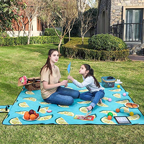 Picnic Blanket, 200 x 150 cm, Large Camping Picnic Rug and Mat for Beach, Park, Yard, Outdoors with Waterproof Layer, Machine Washable, Foldable, Lemon Pattern