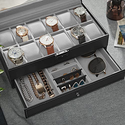 Watch Box, Watch Case with Glass Lid, 2-Tier Watch Display Case for 12 Watches, Lockable, 1 Drawer, for Rings, Bracelets, Gift Idea, Black Synthetic Leather, Grey Lining