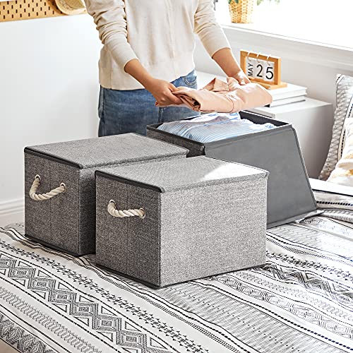 Storage Boxes with Lid, Set of 3 Fabric Storage Boxes and Organiser Bins with Cotton Handles, Linen Pattern, Grey