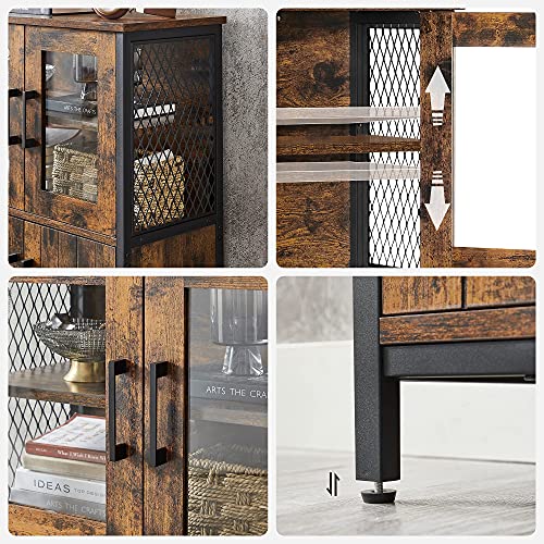 Storage Cabinet, Multipurpose Cupboard, Sideboard, Adjustable Shelf, Bathroom Cabinet, Steel Frame, for Living Room Kitchen, Industrial Style, Rustic Brown and Black