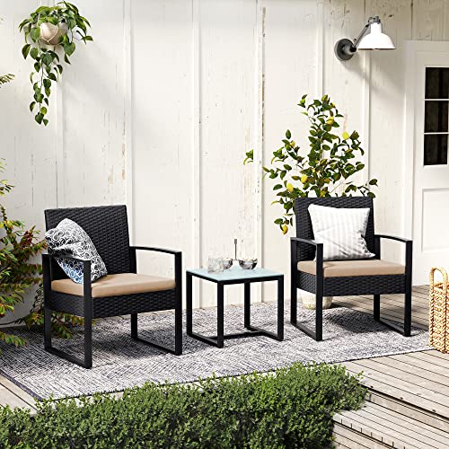 Balcony Garden Furniture Set, PE Polyrattan Lounge Set, Table and 2 Chairs, Patio Furniture, Easy Assembly, Outdoor, for Patio, Balcony, Garden, Black/Beige