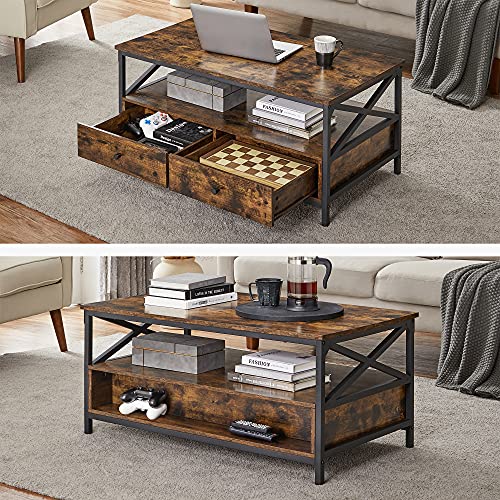 Coffee Table, Living Room Table, with 2 Drawers and Open Storage Shelf, X Shaped Steel Frame, 100 x 55 x 45 cm, Industrial Style, Rustic Brown and Black