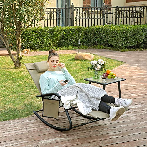 Sun Lounger, Garden Chair, Rocking Chair with Headrest and Side Pocket, Iron Structure, Breathable Synthetic, Comfortable, Max. Load Capacity 150 kg, Brown