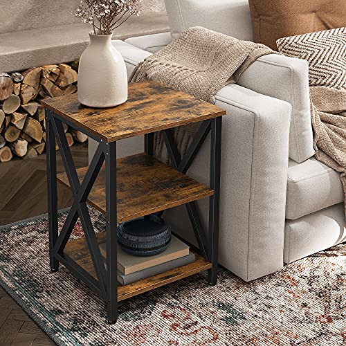 Side Table, End Table with X-Shape Steel Frame and 2 Storage Shelves, Night Table, Farmhouse Industrial Style, 40 x 40 x 60 cm, Rustic Brown and Black