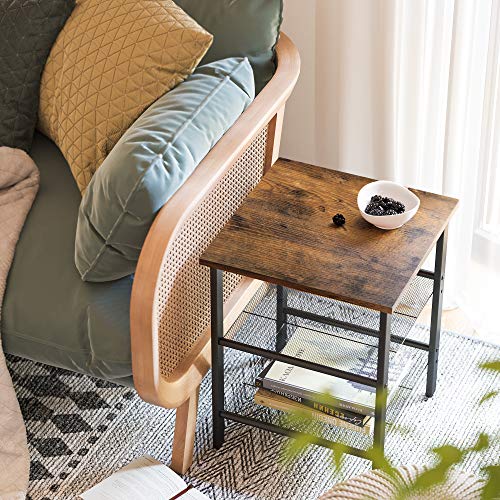 Side Table, Nightstand, End Table with 2 Adjustable Mesh Shelves, Easy Assembly, Industrial for Living Room, Bedroom, Stable Steel Frame, Rustic Brown and Black