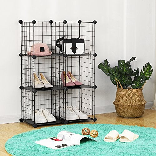 6-Cube Metal Wire Storage Rack, Interlocking Shelving Unit with Metal Wire Shelves, PP Plastic Sheets for Book Shoes Toys Clothes Tools, in Living Room, 93 x 31 x 93 cm, Black