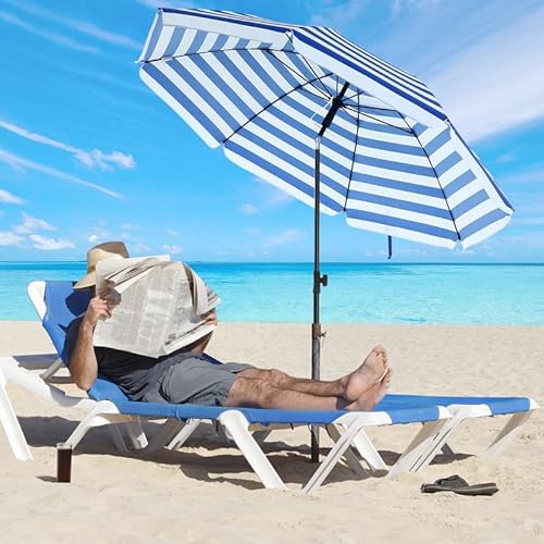 1.6 m Parasol, Beach Umbrella, Sun Protection with UPF 50+, Portable Octagonal Canopy, Tilt Mechanism, Air Vent, Carry Bag, for Beach, Gardens, Balcony, Pool, Blue and White Stripes