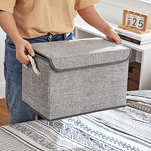 Storage Boxes with Lid, Set of 3 Fabric Storage Boxes and Organiser Bins with Cotton Handles, Linen Pattern, Grey