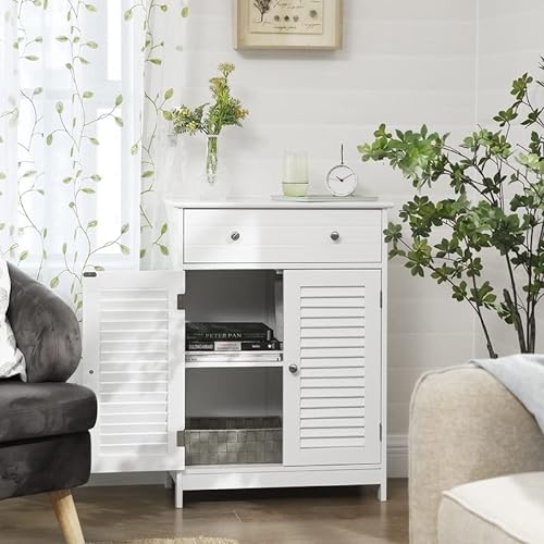 Bathroom Floor Cabinet, Storage Organiser Unit, 60 x 30 x 80 cm, Cupboard with 2 Louvred Doors, Drawer, Adjustable Shelf, Scandinavian Nordic Style, Matte White