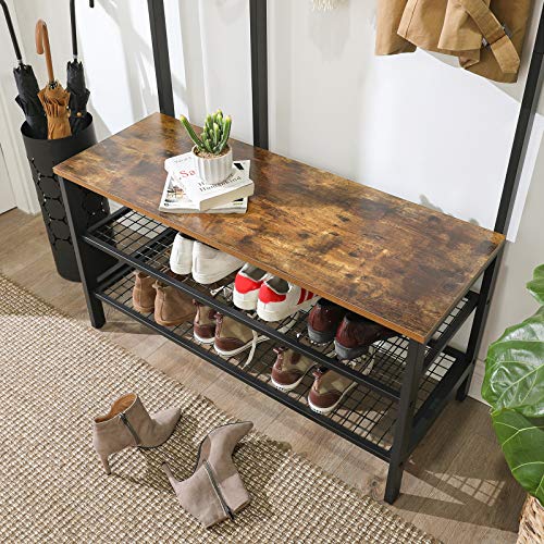 Coat Rack, Coat Stand with Grid Wall, Shoe Rack, Hall Tree, 2 Mesh Shelves, Hooks, 185 cm Tall, Lots of Storage Space, Easy to Assemble, Industrial Style, Rustic Brown