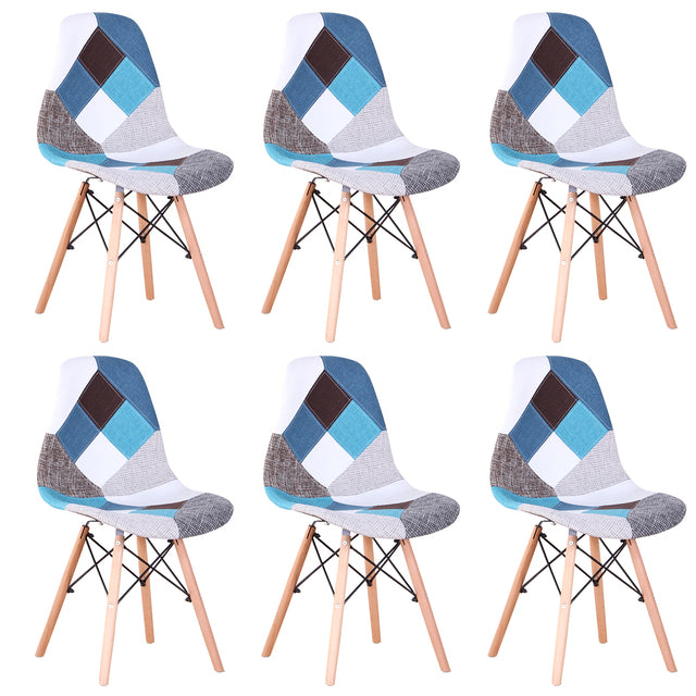 6Pcs/Set Patchwork Fabric Dining Chairs with Wood Legs Lounge Chair Kitchen Chair for Kitchen Home Living Dining Room Furniture