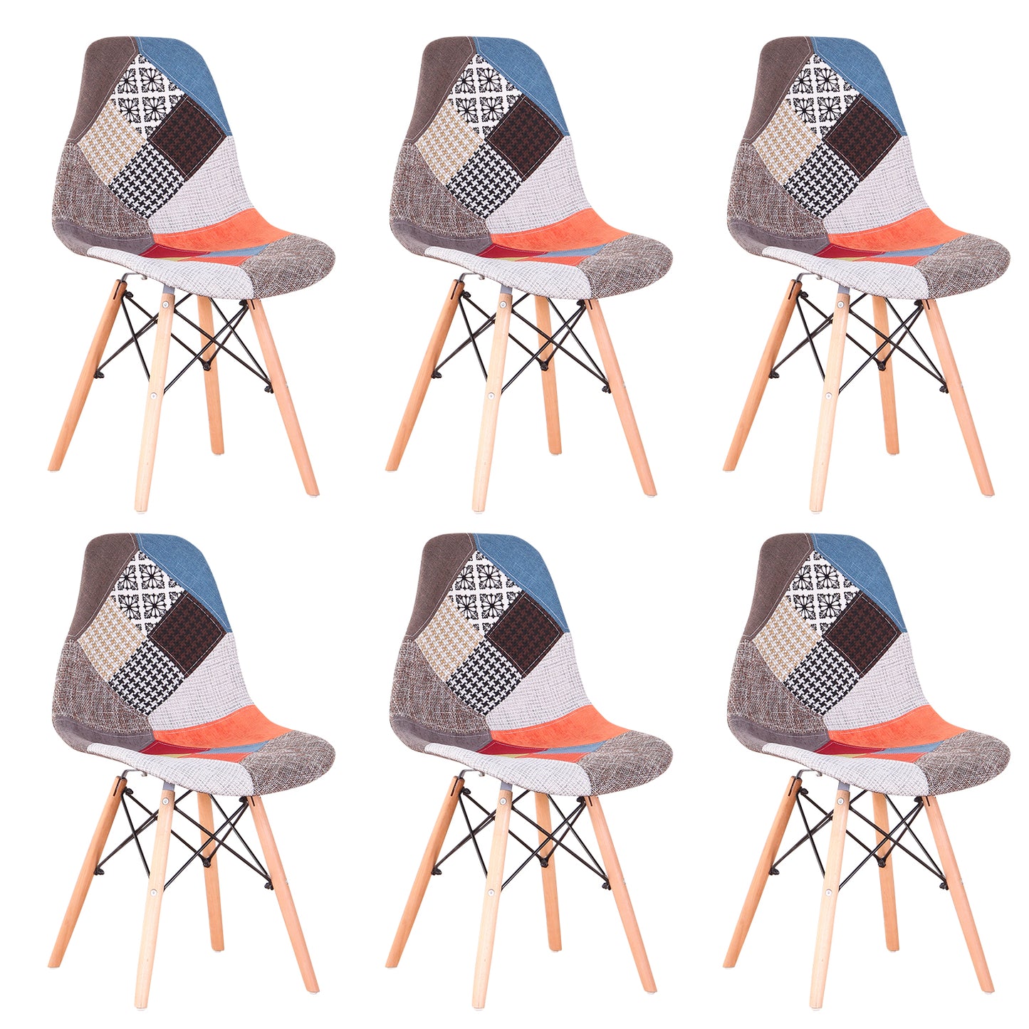 6Pcs/Set Patchwork Fabric Dining Chairs with Wood Legs Lounge Chair Kitchen Chair for Kitchen Home Living Dining Room Furniture