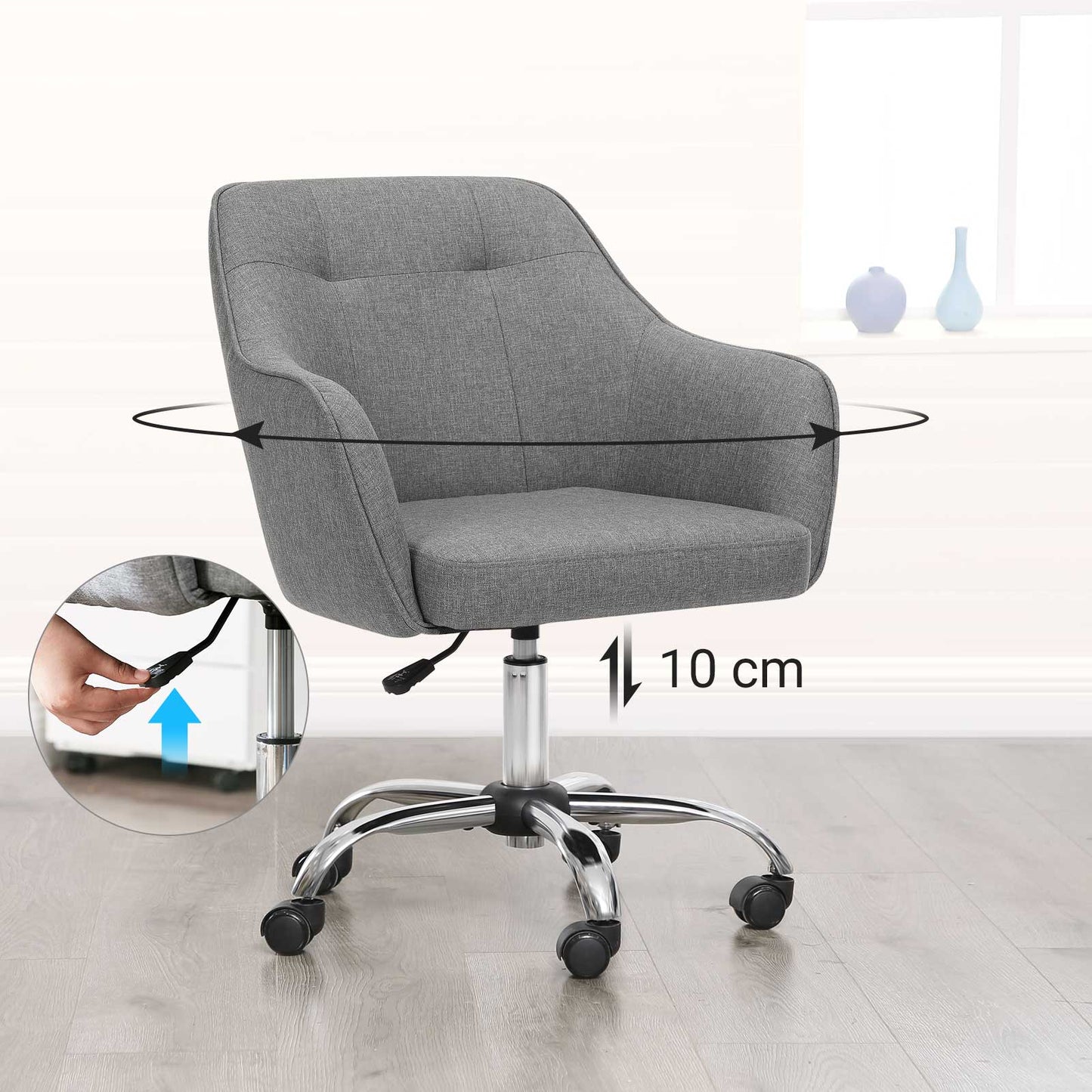 Office Chair, Comfortable Desk Chair, Height-Adjustable Computer Chair, Holds up to 120 kg, Steel Frame, Imitation Linen, Breathable, Home Office, Office, Grey