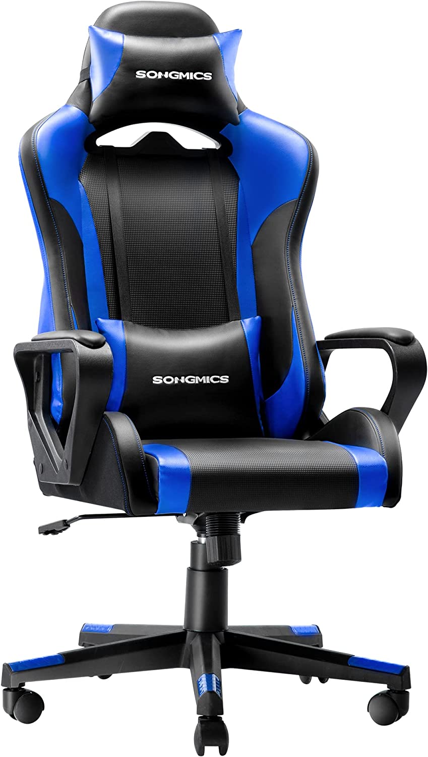 SONGMICS Gaming Stuhl, Schreibtischstuhl, Computerstuhl, Bürostuhl, Abnehmbare Kopfstütze, Lendenkissen, Höhenverstellbar, Wippfunktion, Bis 150 Kg Belastbar, Ergonomisch, Schwarz-Blau RCG011B02