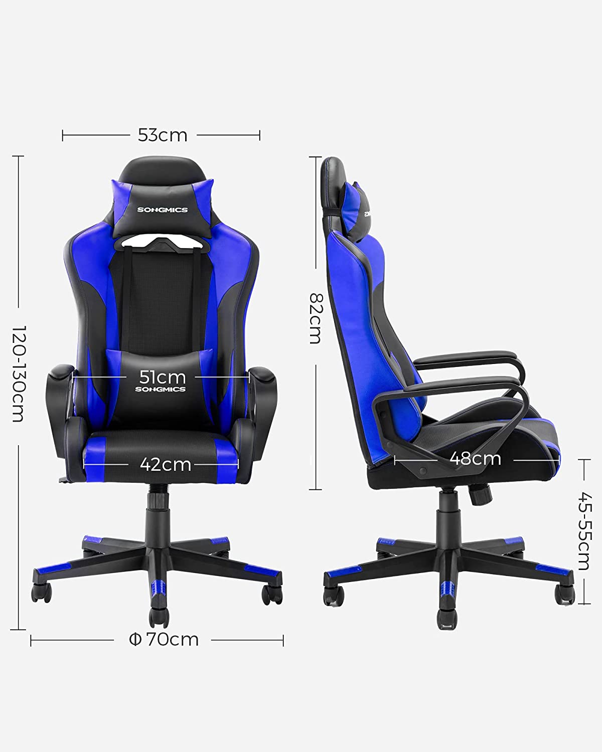 SONGMICS Gaming Stuhl, Schreibtischstuhl, Computerstuhl, Bürostuhl, Abnehmbare Kopfstütze, Lendenkissen, Höhenverstellbar, Wippfunktion, Bis 150 Kg Belastbar, Ergonomisch, Schwarz-Blau RCG011B02