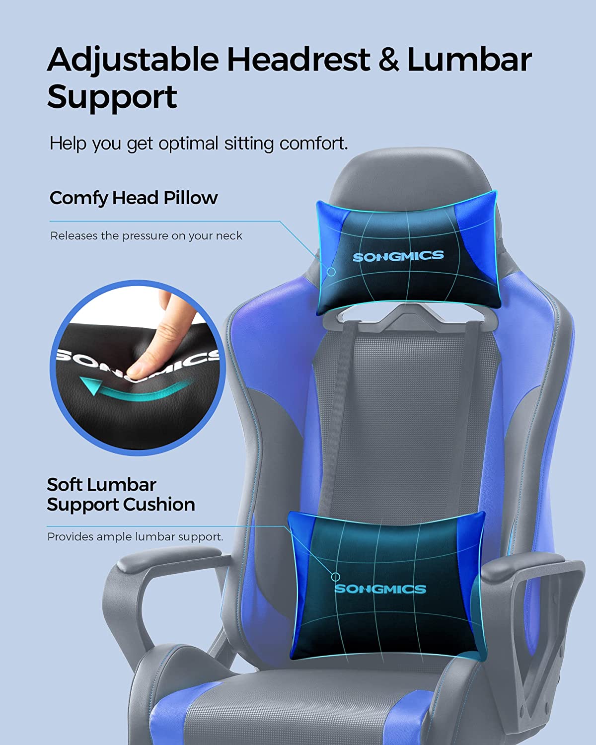 SONGMICS Gaming Stuhl, Schreibtischstuhl, Computerstuhl, Bürostuhl, Abnehmbare Kopfstütze, Lendenkissen, Höhenverstellbar, Wippfunktion, Bis 150 Kg Belastbar, Ergonomisch, Schwarz-Blau RCG011B02