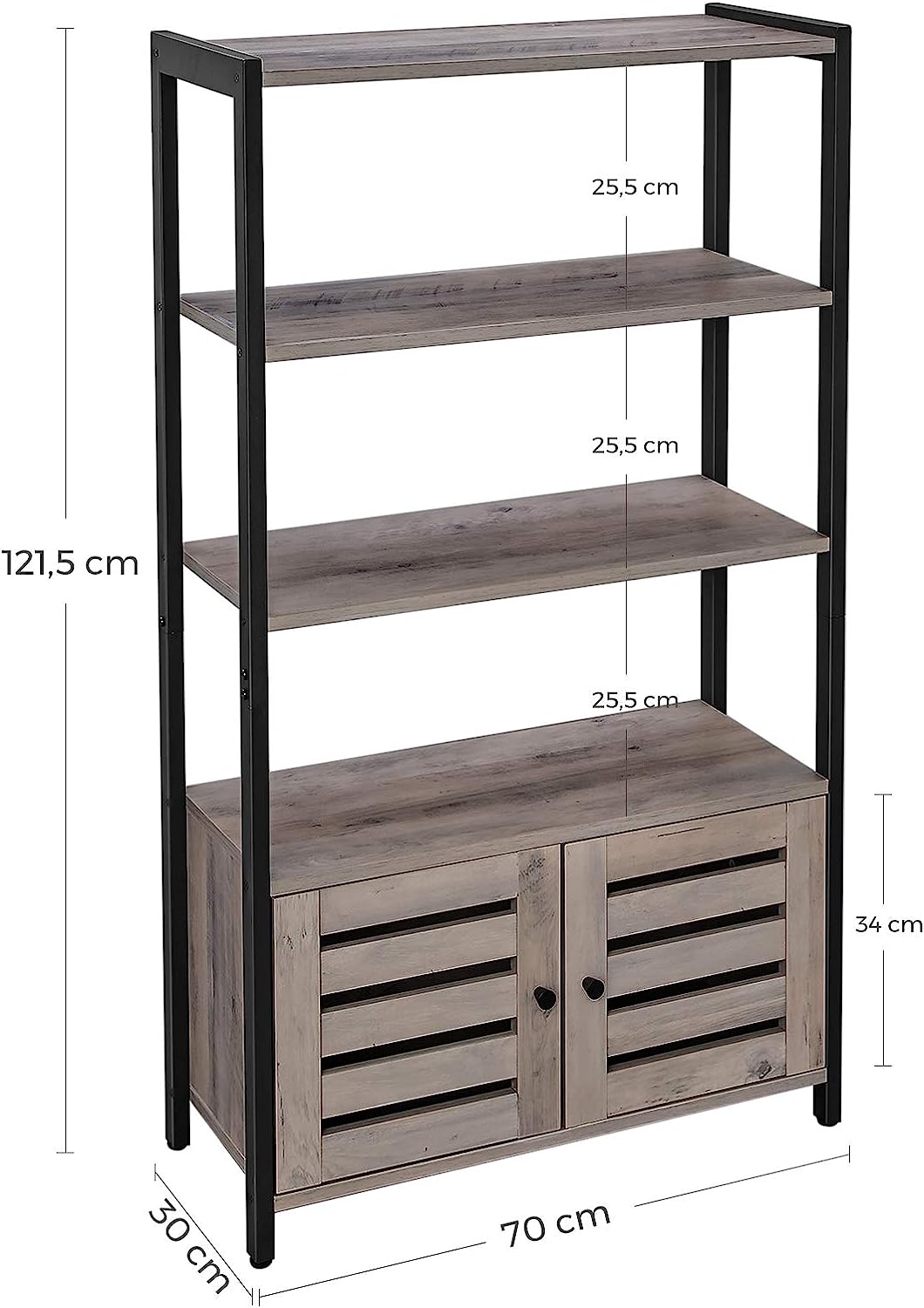 Bookcase, sideboard in industrial design with 3 shelves, 2 louvered doors, living room, study, bedroom, 70 x 30 x 121.5 cm