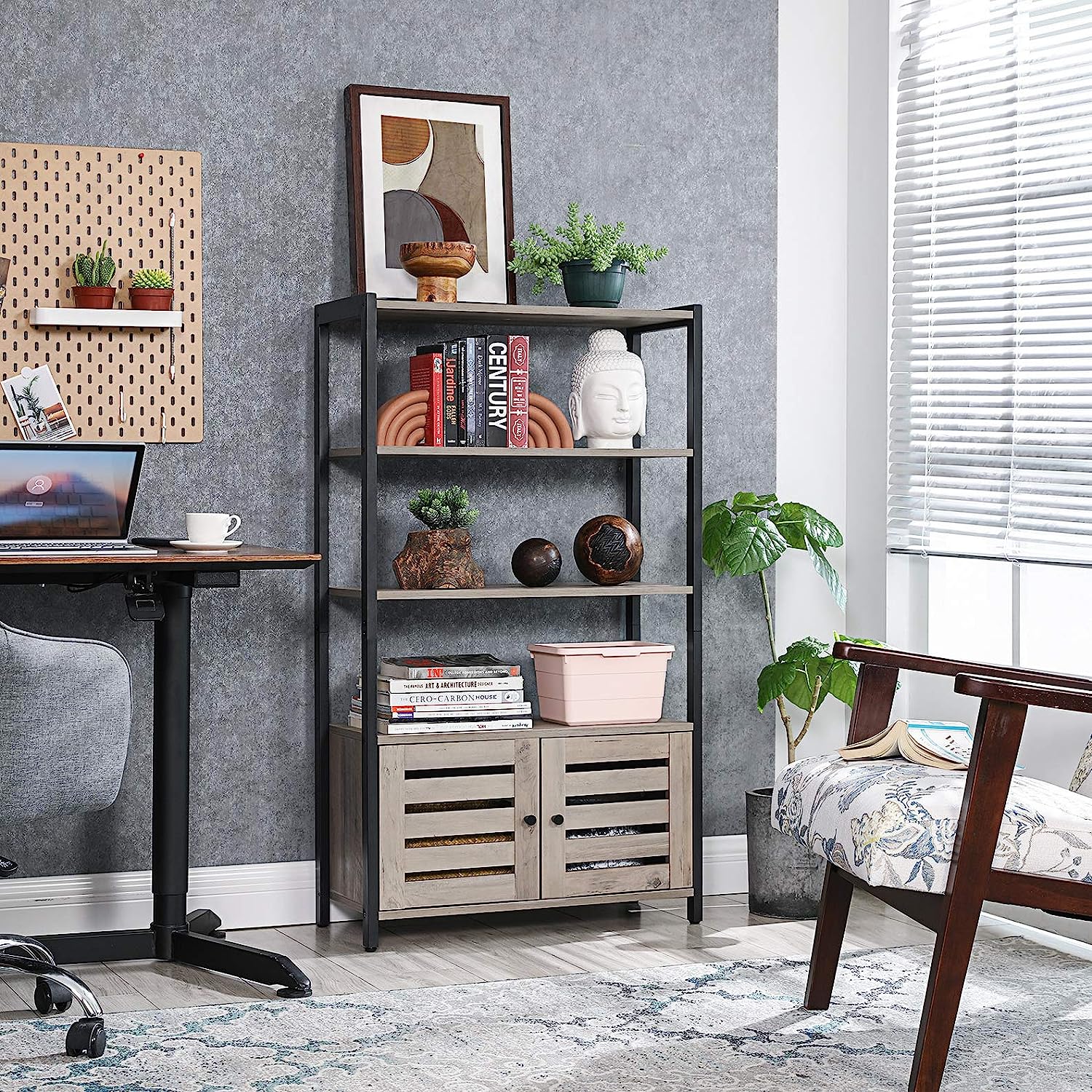 Bookcase, sideboard in industrial design with 3 shelves, 2 louvered doors, living room, study, bedroom, 70 x 30 x 121.5 cm