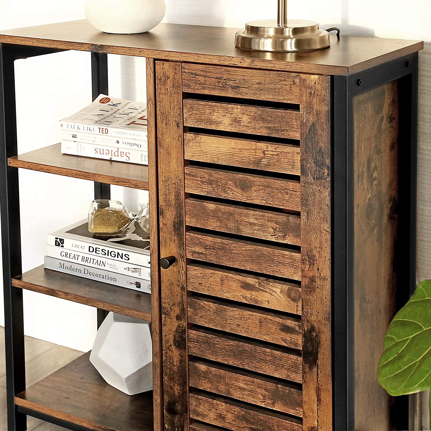 VASAGLE Sideboard, Küchenschrank Mit 3 Offenen Ablagen, Badezimmerschrank, Wohnzimmer, Flur, Küche, Homeoffice, Stahlgestell, Industriestil, Vintagebraun-Schwarz LSC74BX