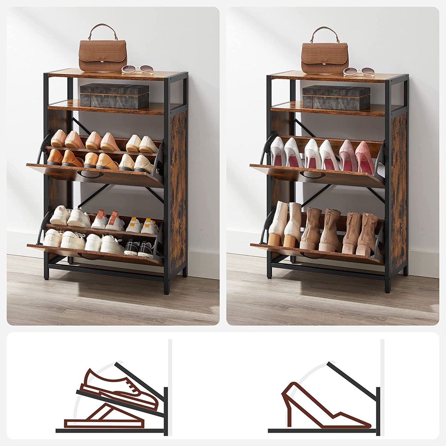 shoe cabinet with 2 flaps, shoe rack, shoe tipper, shoe chest with 2 compartments, shoe racks, in the hallway, for 8-12 pairs of shoes, space-saving, 60 x 30 x 95 cm, vintage brown