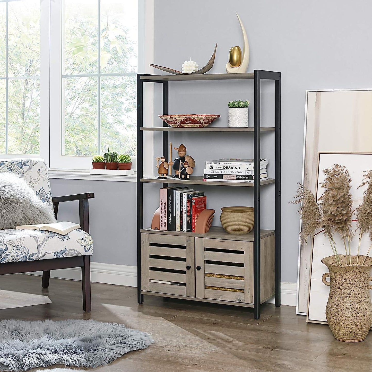 Bookcase, sideboard in industrial design with 3 shelves, 2 louvered doors, living room, study, bedroom, 70 x 30 x 121.5 cm