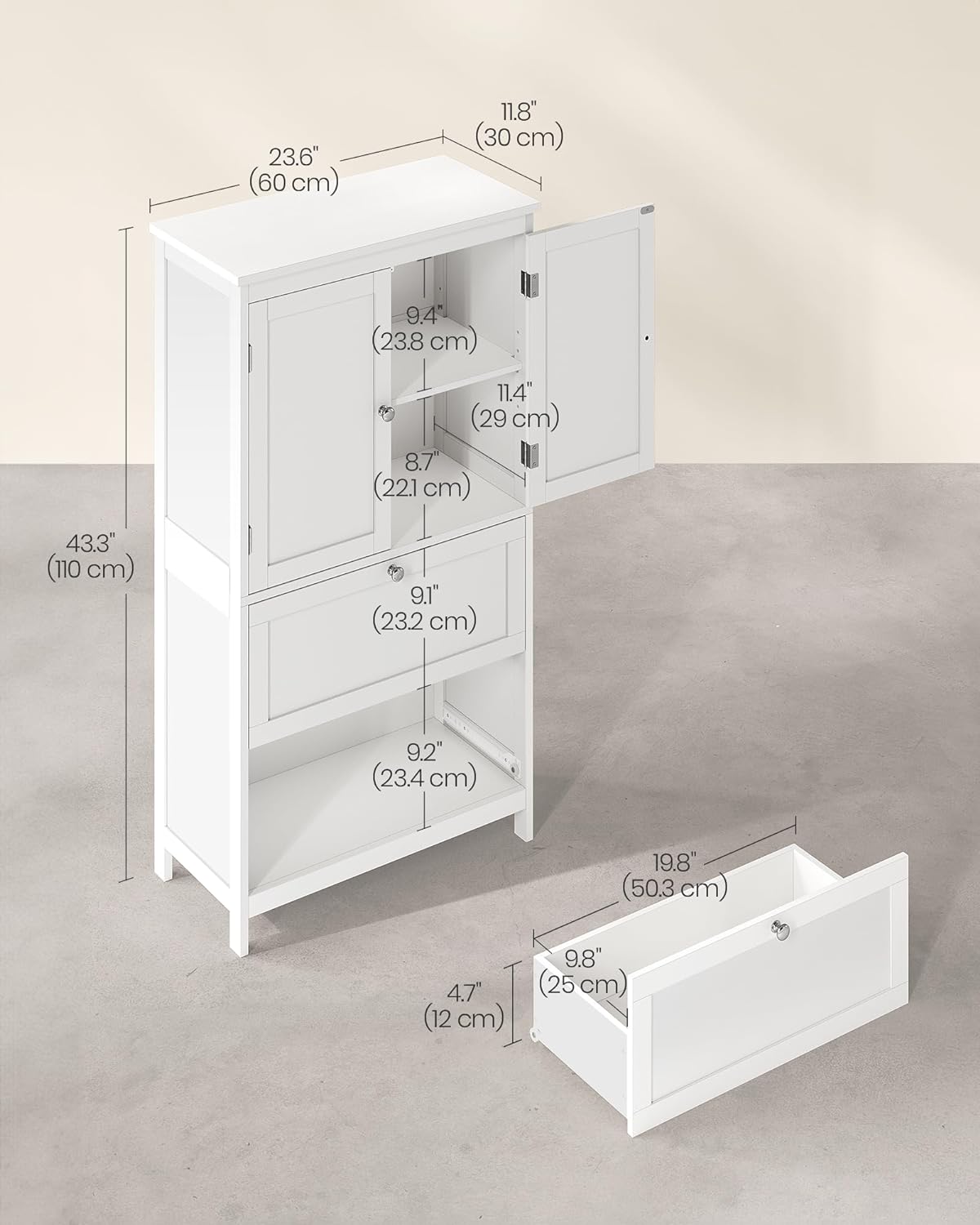 Bathroom Floor Storage Cabinet, Bathroom Storage Unit, Freestanding Bathroom Cabinet with 2 Drawers and 2 Doors, Adjustable Shelf, 11.8 x 23.6 x 43.3 inches, White